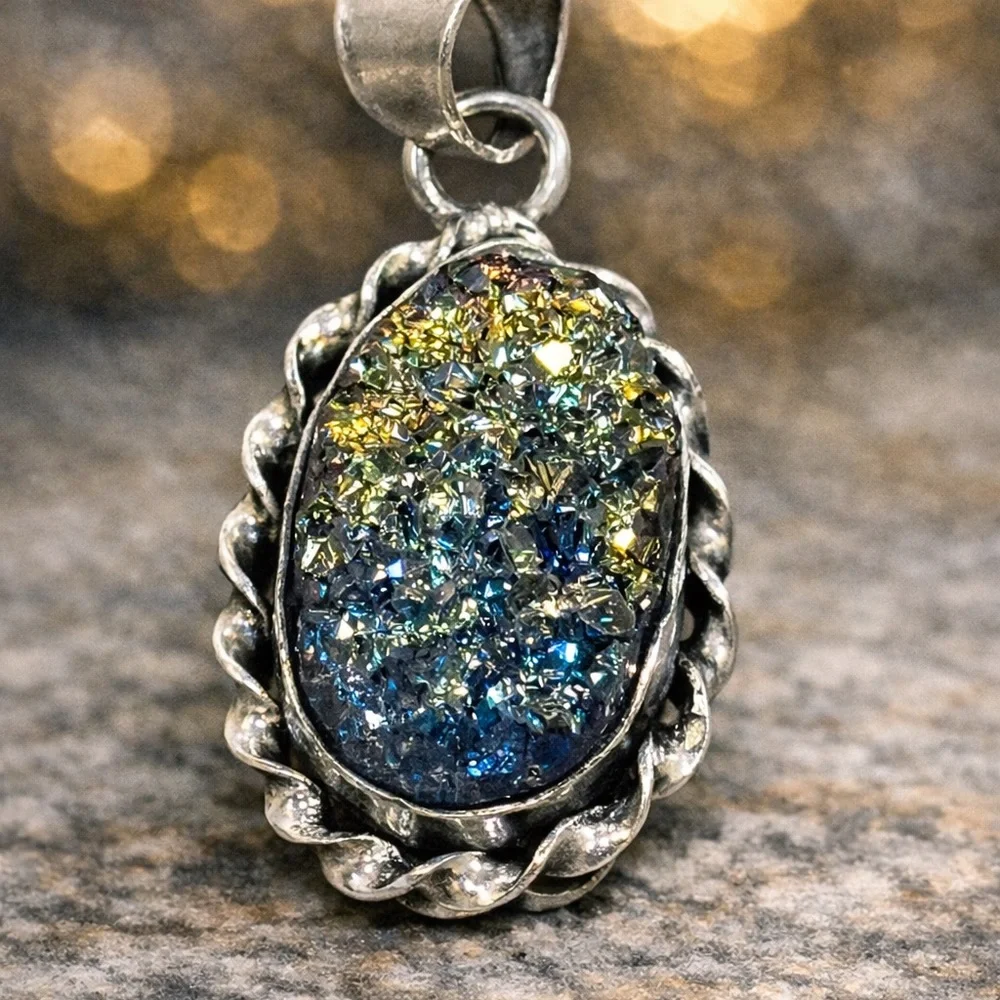 Titanium Rainbow Drusy Pendant Silver Plated Boho Crystal Pendent